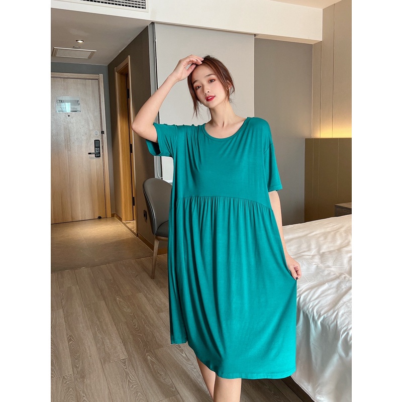 Đồ ngủ Dáng Rộng Tay Ngắn Cổ Tròn Màu Trơn Thời Trang Cho Nữ
