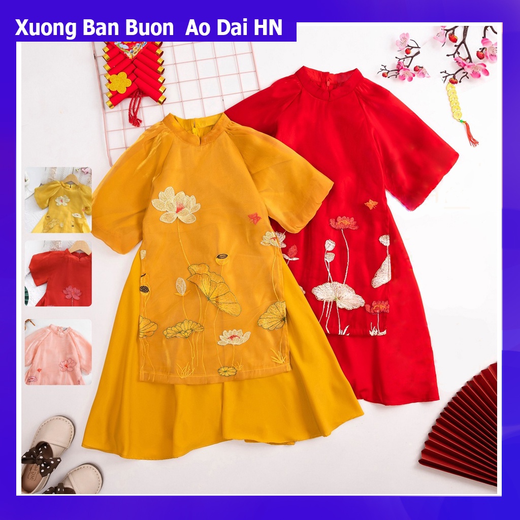 Áo Dài Bé Gái Thêu Sen,ao dai tet hang thiet ke