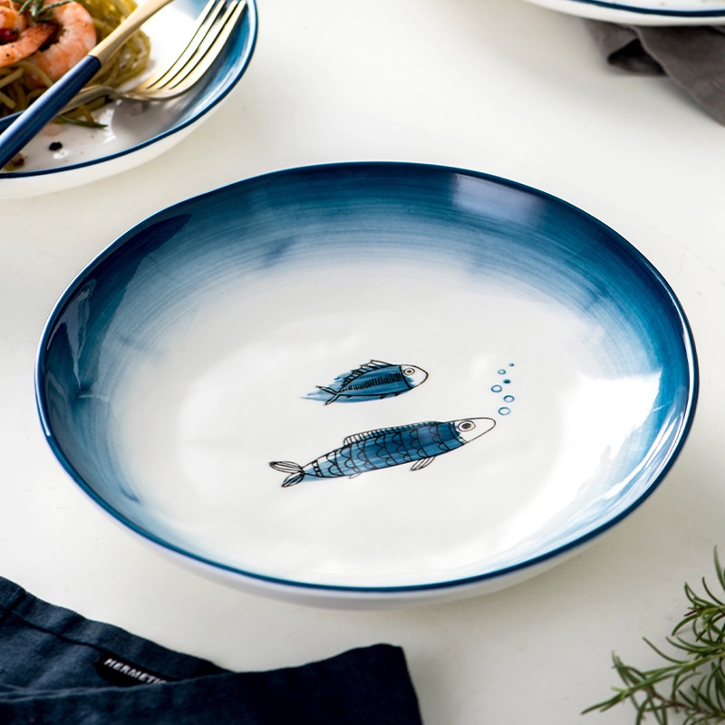 Đĩa Sứ Dài Đĩa Tròn Khay Nướng Sứ Họa Tiết Cá Cao Cấp