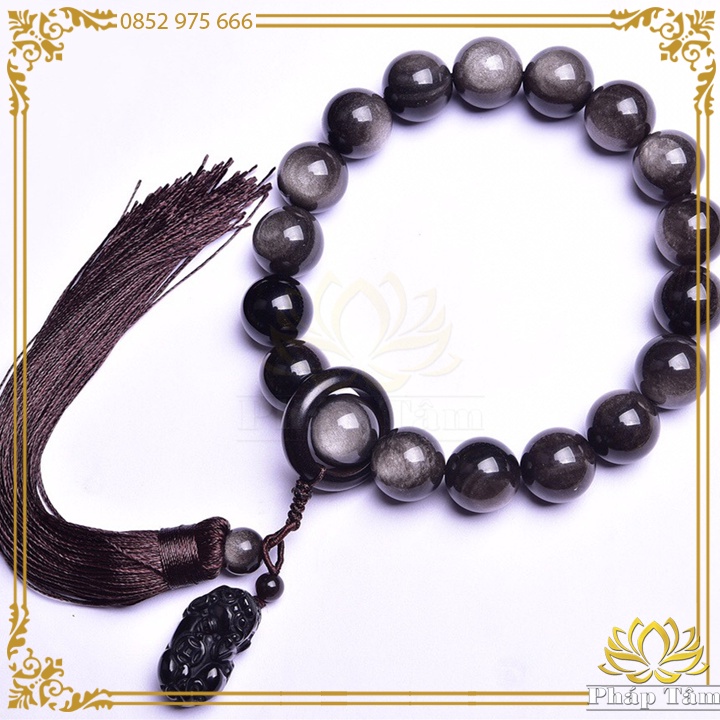 Vòng Tay, Chuỗi Hạt Niệm Mix Tỳ Hưu Phong Thủy Đá Núi Lửa Obsidian Cao Cấp Vân Xám Khói - Tâm Phong Thủy