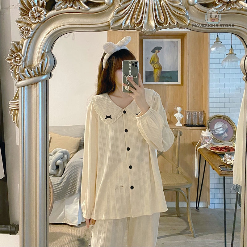 Bộ đồ ngủ dáng dài đính nơ kiểu dáng đáng yêu thời trang Hàn Quốc