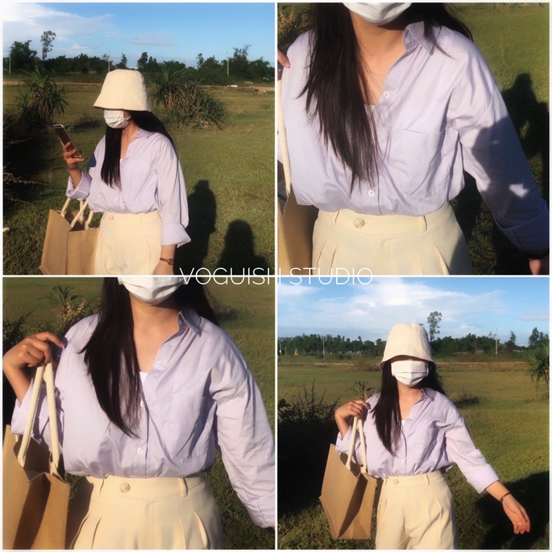 Áo Sơ Mi Vải Cotton Hàn Dài Tay Màu Tím Pastel / Lavender Dành Cho Nữ