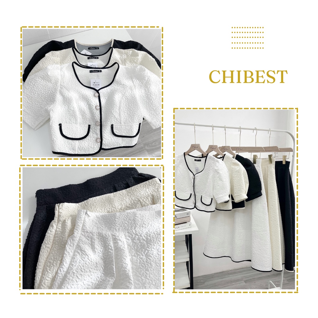 Set đồ nữ áo nút croptop phối viền tay ngắn kèm chân váy xòe chữ A dáng dài dáng dài tiểu thư HSB64 CHIBEST
