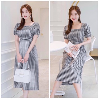 Đầm váy caro đen cổ vuông (kèm hình thật)