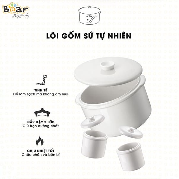 Nồi Nấu Chậm, Nồi Ủ Cháo Bear SUBE002 1.6L - Hàng Chính Hãng Bảo Hành 12 Tháng