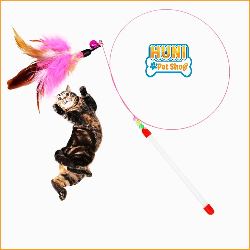 Đồ chơi cho mèo Cần câu mèo dây thép dẻo và lông vũ, con cá cho mèo vờn bắt, thư giãn Huni pet shop