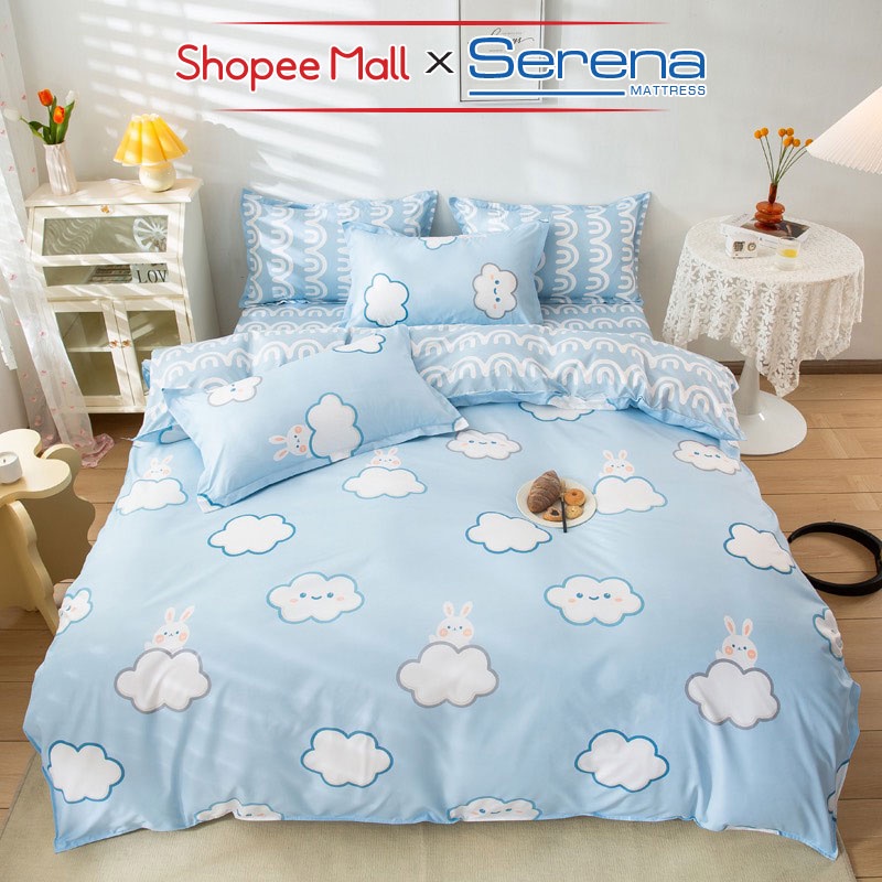 Bộ Ga Giường Cao Cấp Full 5 Món Cotton Poly SERENA MATTRESS Bộ Chăn Ra Drap Gối Đệm Nệm Trải Phủ Bọc Giường Trần Bông