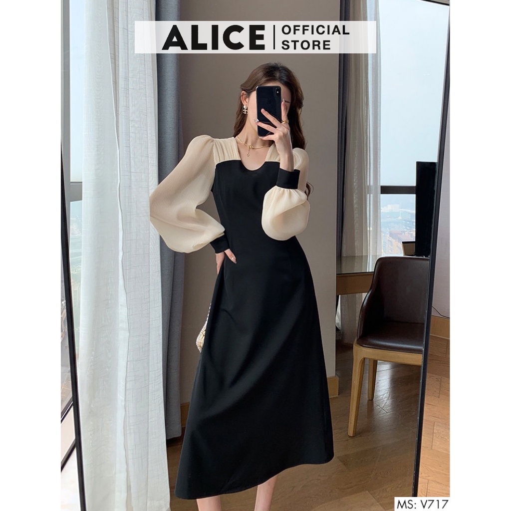 Váy Dài Tay Tiểu Thư ALICE V717, Thiết Kế Ôm Eo Tôn Dáng Bo Cổ Tay Sang Chảnh