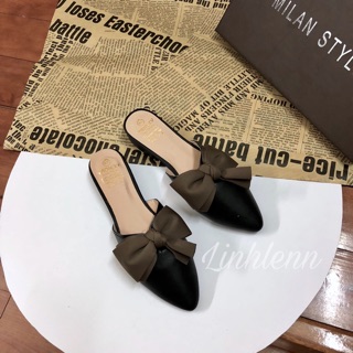 Giày mules nơ mũi nhọn gót vuông 3cm
