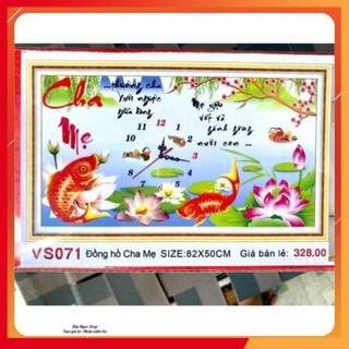 TRANH ĐÍNH ĐÁ Đá Đồng Hồ Cha Mẹ Cá Hoa Sen VS071 (82x50) Chưa đính