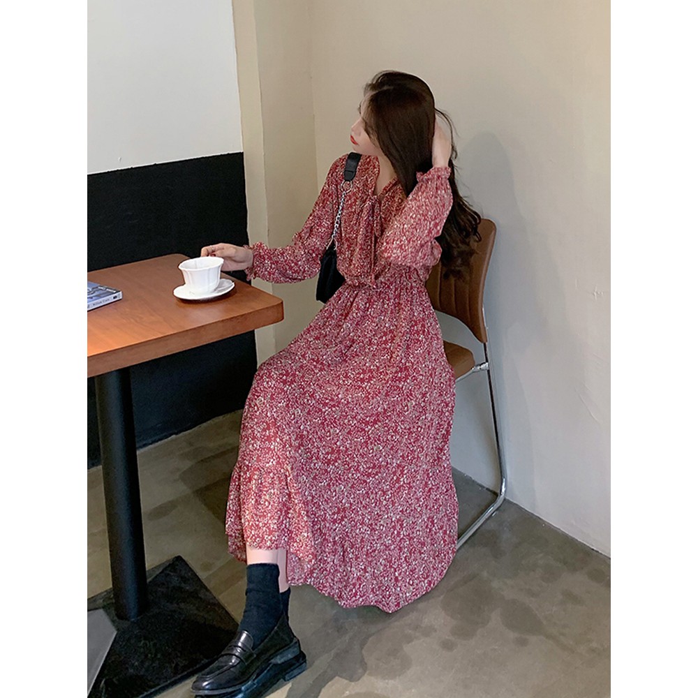 (order 15 ngày) Đầm hoa nhí dáng dài phong cách vintage cổ cột nơ | BigBuy360 - bigbuy360.vn