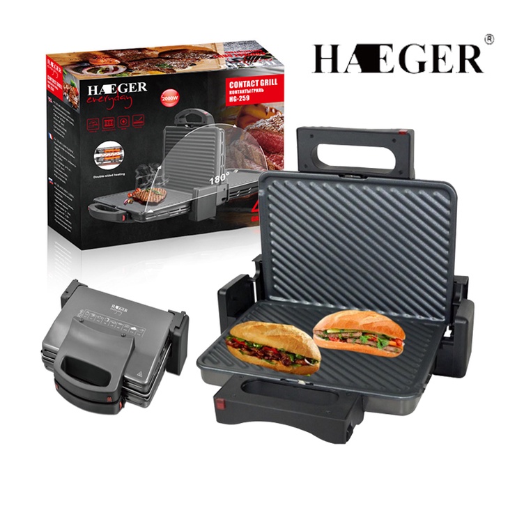 Máy nướng kẹp bánh mì, ép bánh mỳ HAEGER HG-259 2000W - Hàng chính hãng