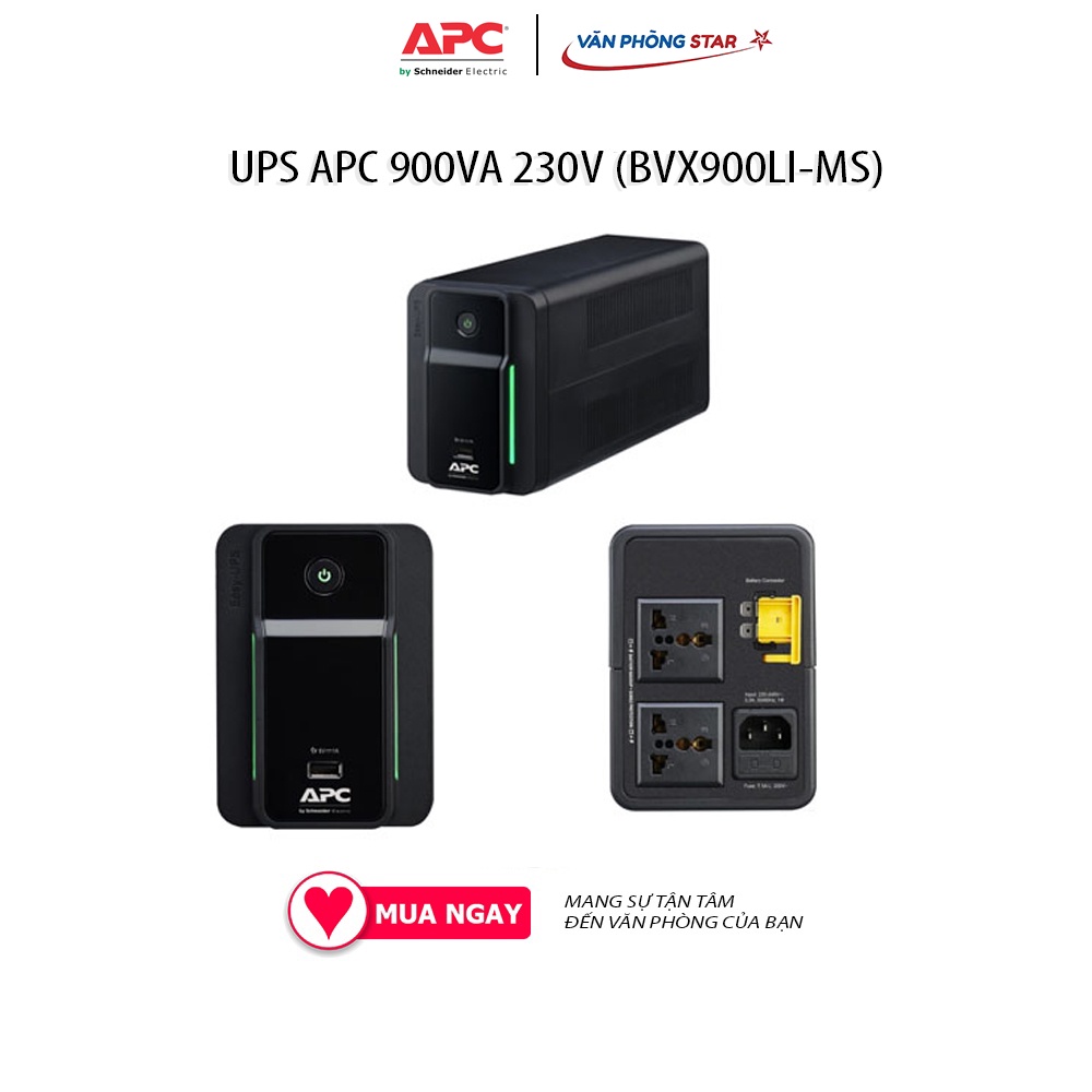 UPS APC 900VA 230V (BVX900LI-MS) Kết nối đầu ra 2 Universal + 1 IEC
