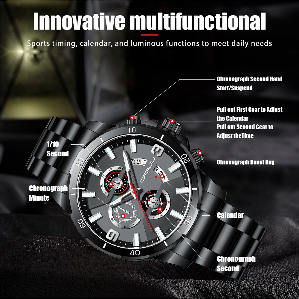 Đồng hồ CRRJU Nam Sang trọng Thể thao Thông thường Đa chức năng Thép không gỉ Thạch anh chống thấm nước 2290 X