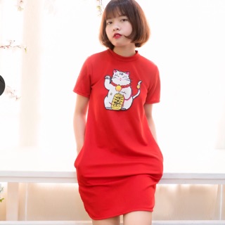 Freeship - có size lớn - đầm form suông in hình mèo thần tài