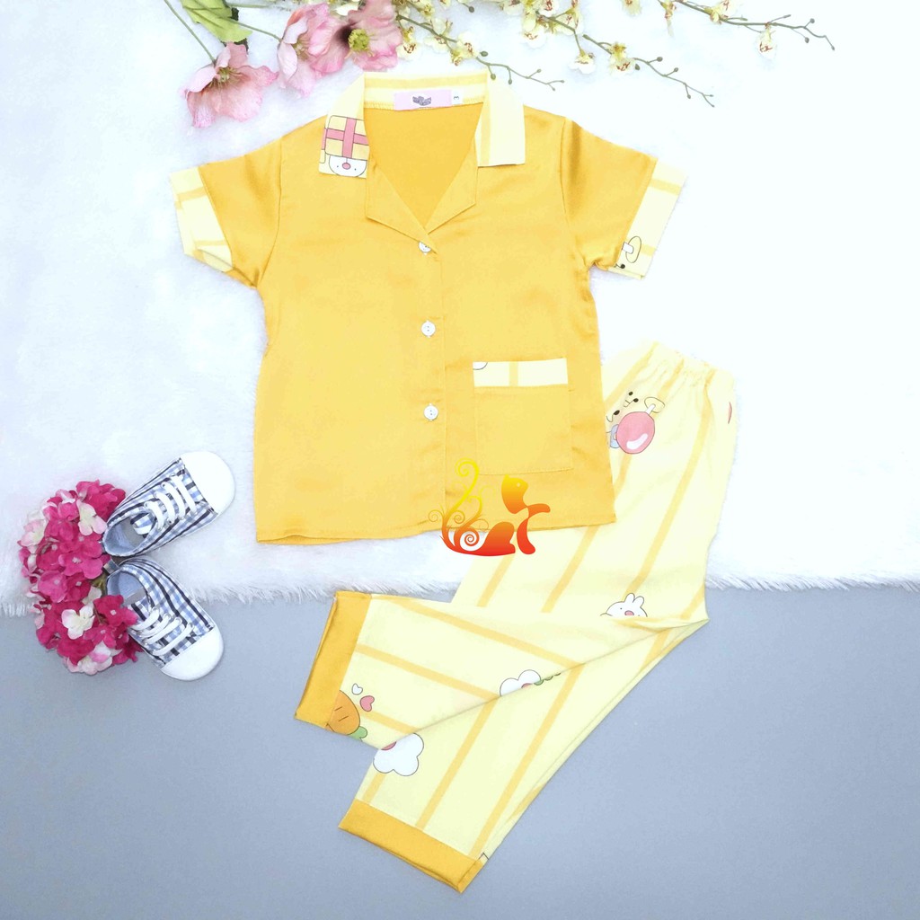 Đồ Bộ Pijama Satin "Cà rốt " Áo Phối Trơn Quần Dài Cho Bé - Từ 12kg - 42kg.