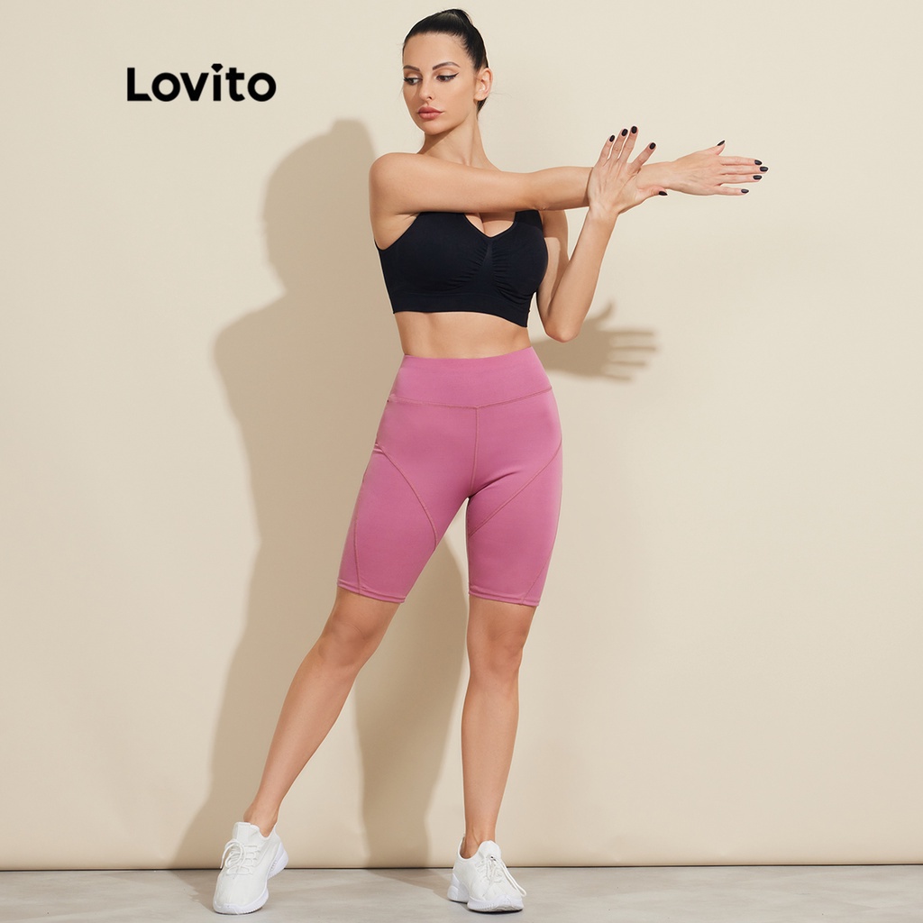 Quần short Lovito màu trơn đơn giản phong cách thể thao L18X531 (Màu đen/hồng)