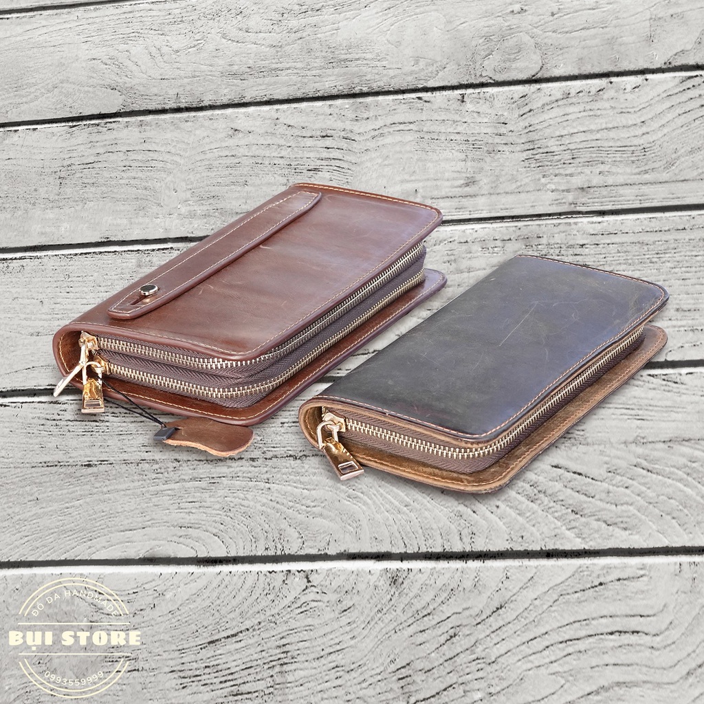 Clutch cầm tay, Ví da cầm tay da bò sáp 100% da thật Handmade khâu tay