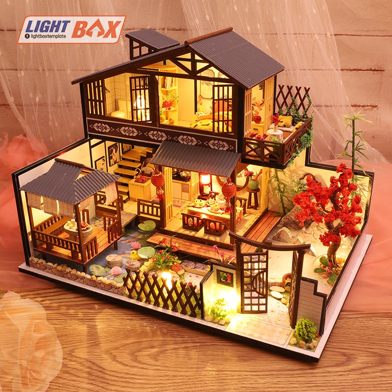 Nhà búp bê Tự làm bằng gỗ [Nhà có nội thất JAPANESE STYLE HOUSE & đèn LED & Âm nhạc] Tặng dụng cụ và keo