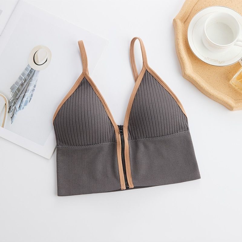 Áo Bra gân nữ cá tính 2 dây cổ V khóa kéo trước, áo Croptop đẹp cotton mềm mịn thanh lịch quyến rũ alohashop91