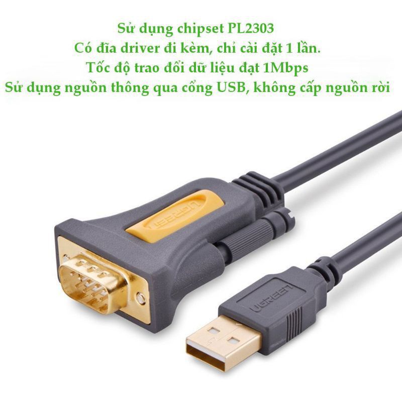 Dây chuyển USB sang Com RS232 DB9 Ugreen CR104 dài 1,5m-2m-3m - Hàng chính hãng