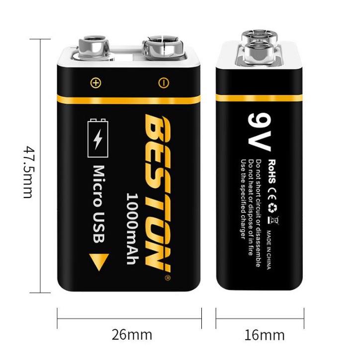 Pin sạc 9v 1000mAh Beston cao cấp dung lượng cao sạc trực tiếp bằng cáp micro USB. Tự ngắt khi đầy