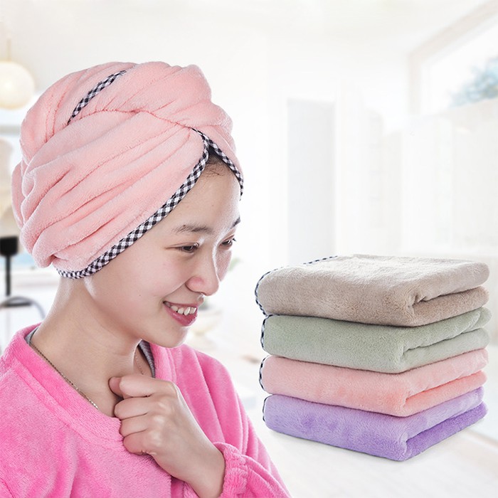 Khăn Lau Đầu Tự Rút Nước Siêu Tốc S1 - Khăn Quấn Khô Tóc, Ủ Tóc CÓ KHUY, Dài 67Cm, Hoạt Tiết Viền Caro