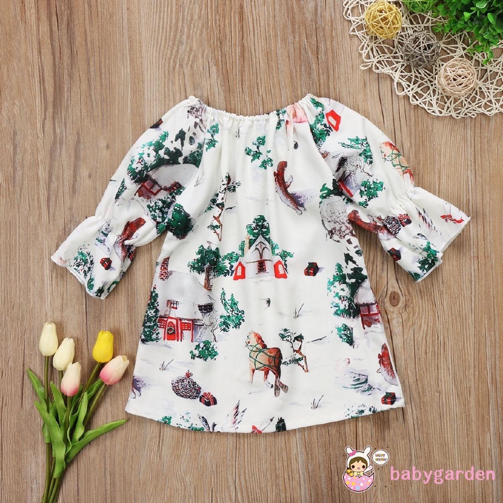 Đầm tay lửng in họa tiết chủ đề giáng sinh dễ thương cho bé gái