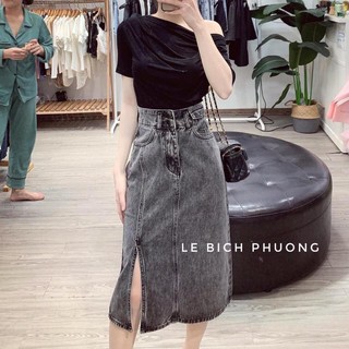 chân váy bò dài xẻ nắp túi (2khuy 090)