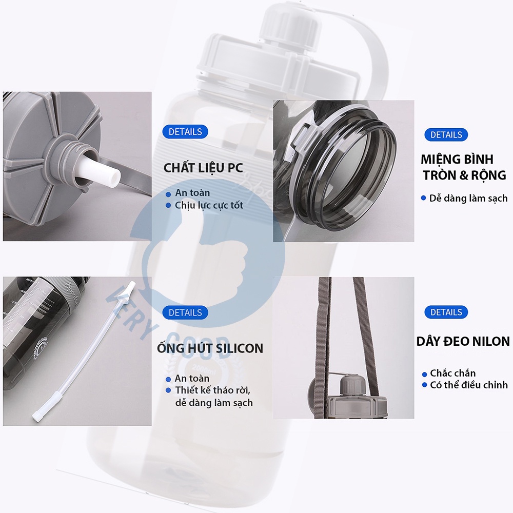 Bình đựng nước sports cup phong cách thể thao có ống hút và dây đeo tiện lợi 600ml, 1000ml, 1500ml, 2000ml sbsx