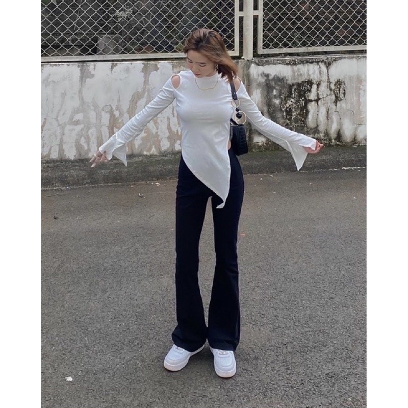 Áo croptop ôm body hở vai lạ mắt vạt tam giác lệch nhọn dài tay xẻ tà 287 FIORI STORE