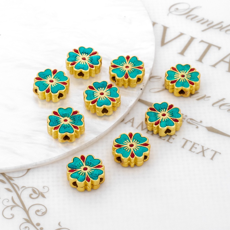 Hạt Xỏ Vòng Tay/Dây Chuyền Thủ Công Màu Vàng 18k Mặt Nhám Hình Cỏ Bốn Lỗ diy
