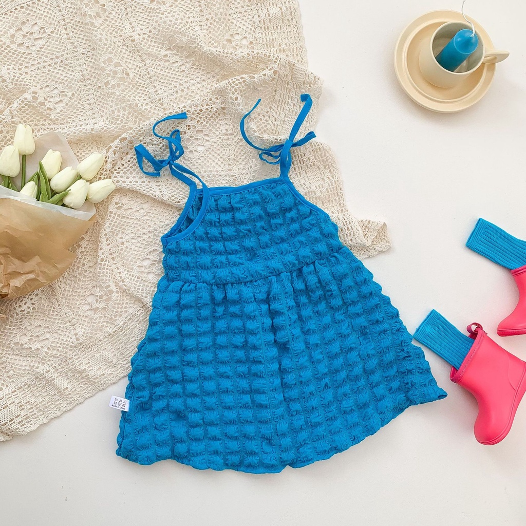 Bộ Áo Thun Ngắn Tay + Đầm Hai Dây Màu Xanh Dương Thời Trang Mùa Hè Cho Bé Gái