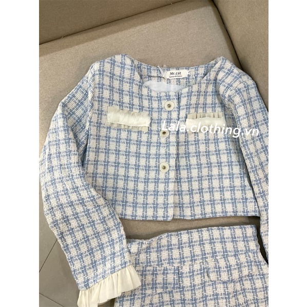 (SẴN) Set dạ xanh da trời kẻ tiểu thư