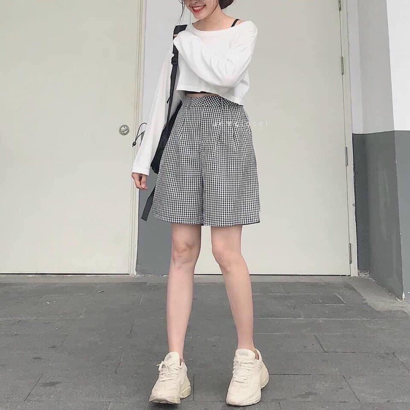 Sét bộ quần kẻ ngố áo phông giấy cho nữ