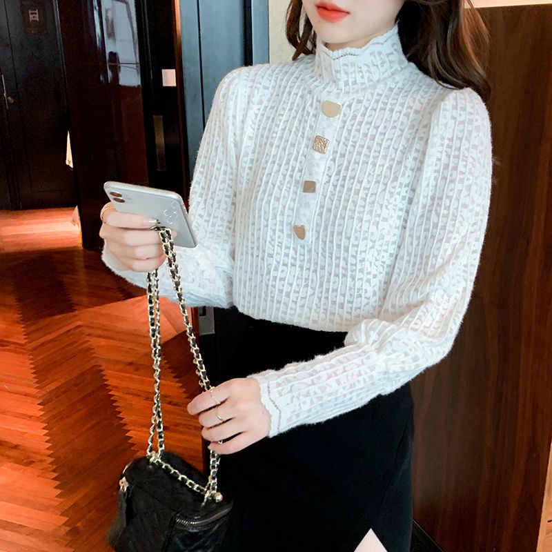 Áo ren cổ cao mỏng phong cách retro Pháp thời trang thu đông mới cho nữ 2021