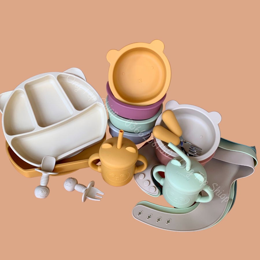 Bát ăn dặm silicon chống lật, khay ăn dặm silicon, yếm ăn dặm silicon Samimi