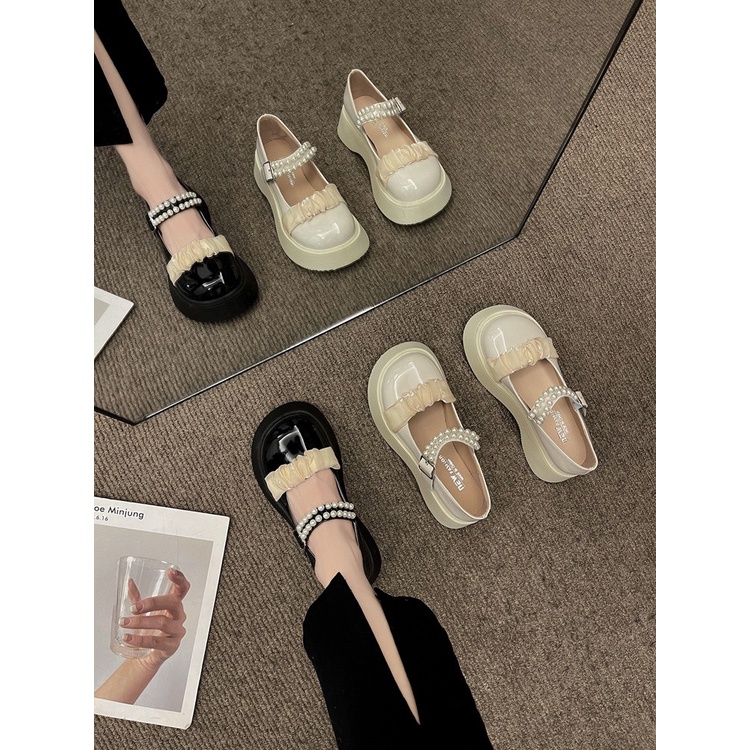 Giày Lolita Búp Bê Dễ Thương Viền Ren Quai Ngọc Độn Đế Nhẹ Hàn Quốc FLOWER G29 - nguyentrang239