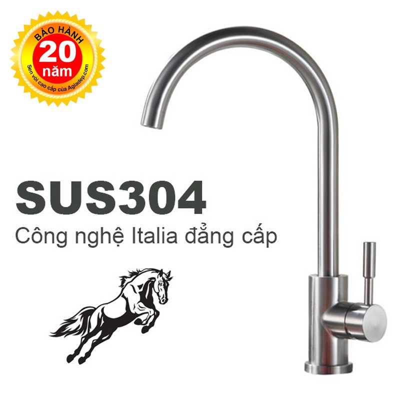 Vòi bếp nóng lạnh SUS304 nguyên chất (cổ tròn) Italia (Bảo hành 20 năm) (Kèm đôi dây cấp nước)