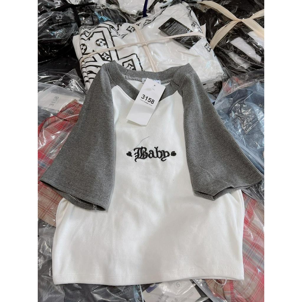 Áo Phông Croptop Raplang Thêu Ngực Baby Body - Áo CRT Ngắn Tay cổ Tròn Viền Ngắn Co Dãn