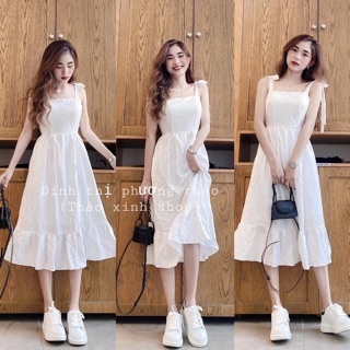 Váy đũi trắng 2 dây xoè dài qua gối Tc