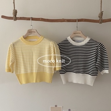 QADCOL Áo Sweater Dệt Kim Tay Ngắn Dáng Ôm Kẻ Sọc Phối Màu Dễ Thương Kiểu Hàn Quốc
