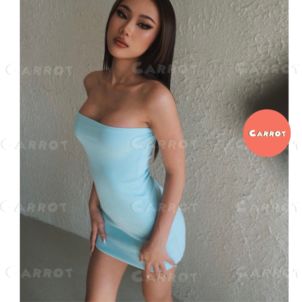 Đầm body sexy cúp ngực carrotxinhdep váy ôm eo ôm ngực màu đen màu xanh ngắn dự tiệc chất thun gân co giãn