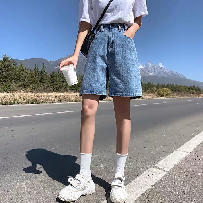 Quần short bò quần jeans ống xuông Forgirl rộng basic phối túi