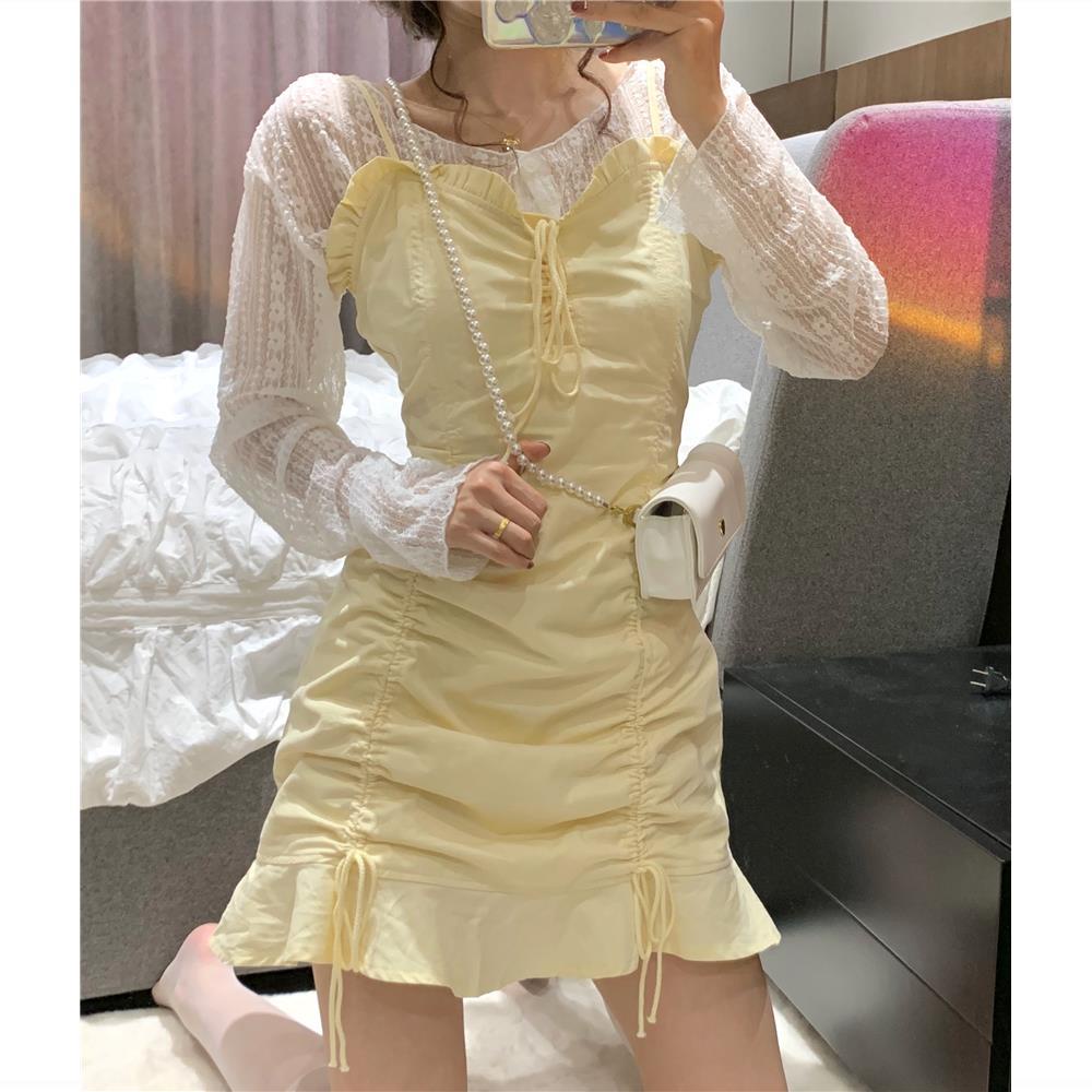 Set Áo Khoác Cardigan Tay Dài Phối Ren + Đầm Dây Rút Form Ôm Phong Cách Hàn Quốc Cho Nữ