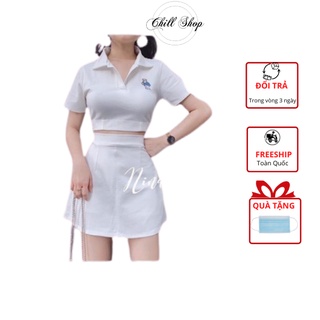 Set đồ nữ Áo croptop và chân váy in hình gấu freesize CHILL SHOP