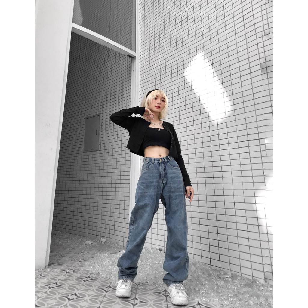 Quần Jeans Nữ Simple Jeans Lưng Cao Dáng Suông Ống Rộng Ulzzang ( Màu Đậm )