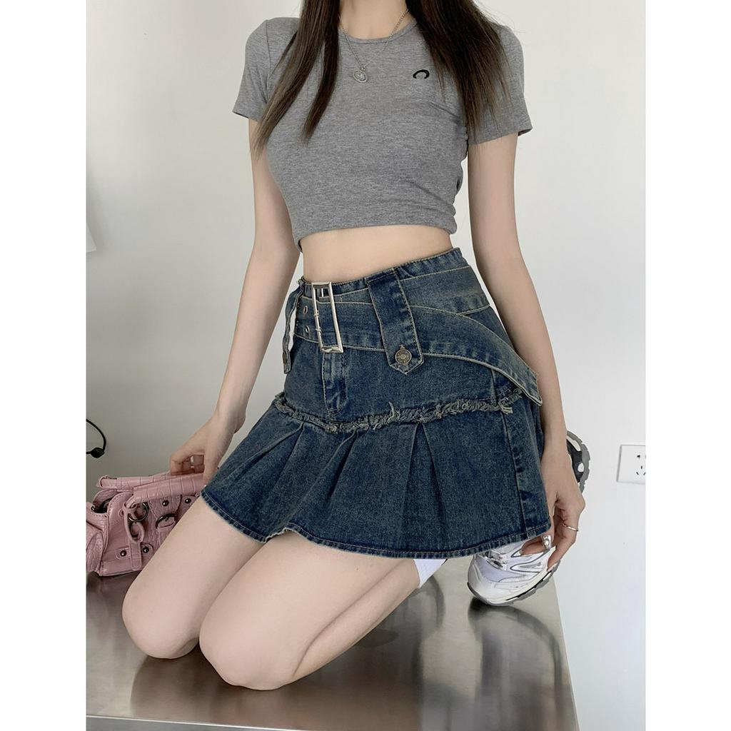 Lalisas Chân váy jean Chữ A Xếp Ly Lưng Cao Phong Cách retro Mỹ Thường Ngày Cho Nữ