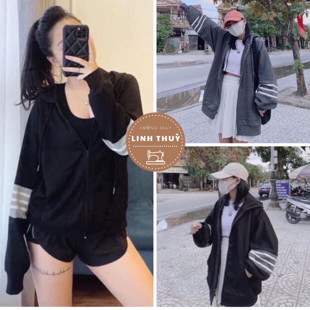 Áo khoác nỉ nữ phối tay kẻ ngang 3 sọc - Sweater form rộng tay bồng, hoodie zip kiểu dáng vintage màu trắng, đen Ulzzang