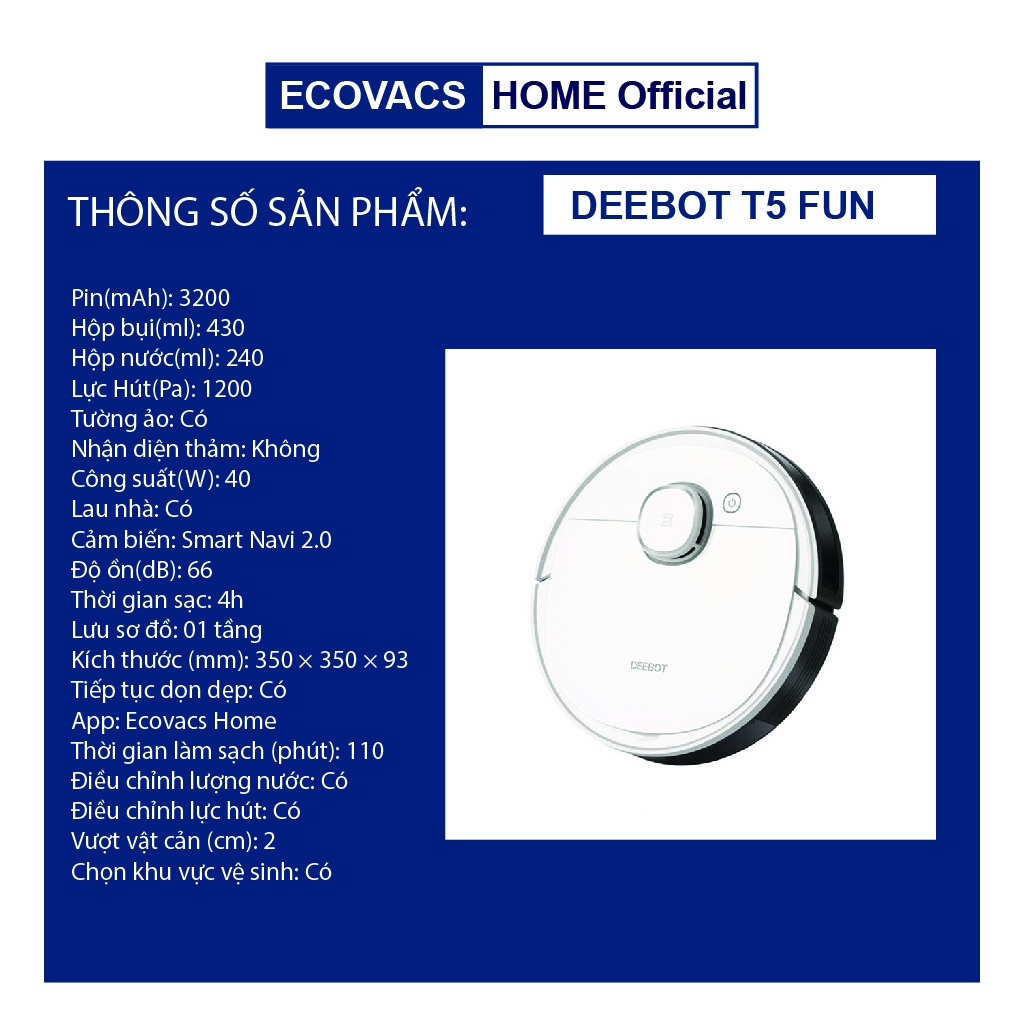 ✅ Robot hút bụi lau nhà thông minh Ecovacs Deebot T5 Fun chính hãng